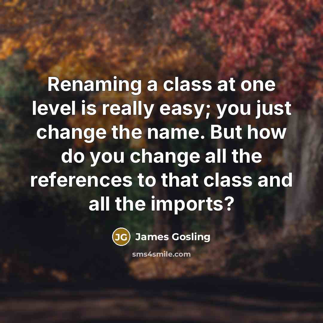 “Renaming a class at one level is really easy; you just change the name. But how do you change all the references to that class and all the imports?” quote by James Gosling