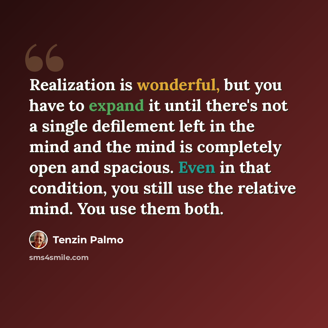 “Realization is wonderful, but you have to expand it until there's not a single defilement left in the mind and the mind is completely open and spacious. Even in that condition, you still use the relative mind. You use them both.” quote by Tenzin Palmo