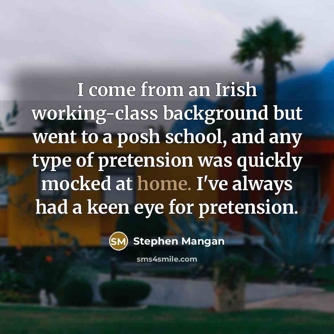“I come from an Irish working-class background but went to a posh school, and any type of pretension was quickly mocked at home. I've always had a keen eye for pretension.” quote by Stephen Mangan