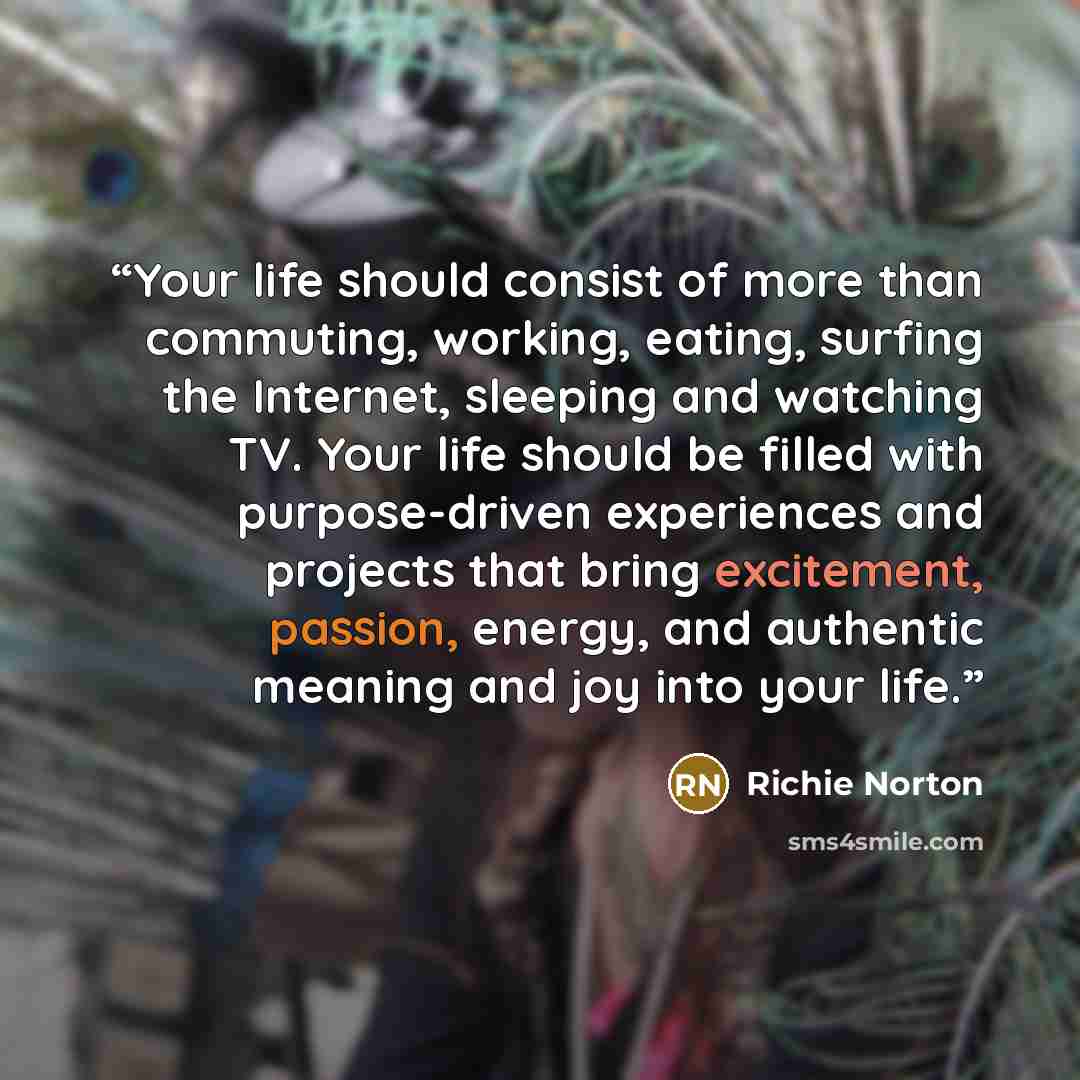 “Your life should consist of more than commuting, working, eating, surfing the Internet, sleeping and watching TV. Your life should be filled with purpose-driven experiences and projects that bring excitement, passion, energy, and authentic meaning and joy into your life.” quote by Richie Norton