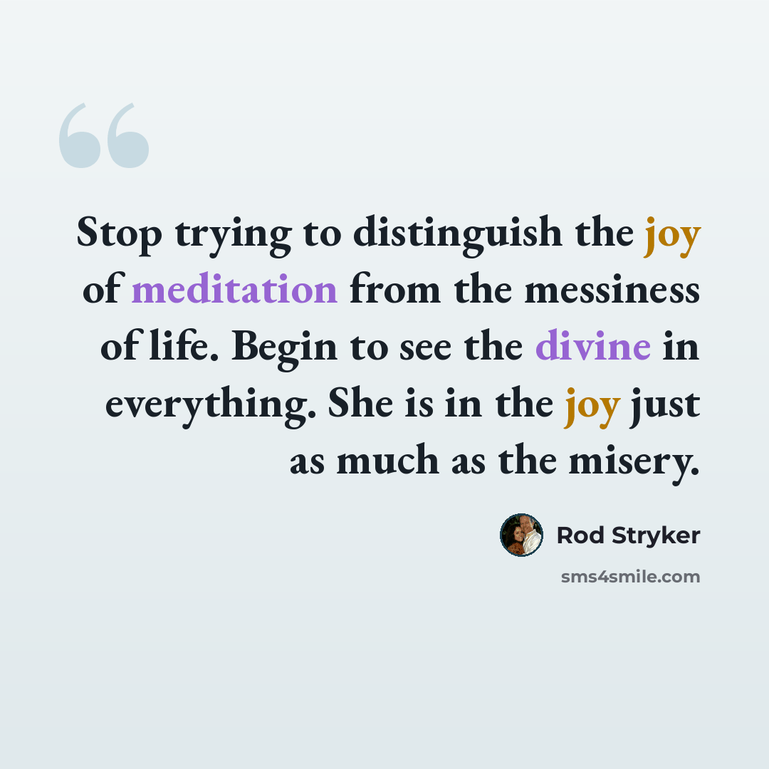 “Stop trying to distinguish the joy of meditation from the messiness of life. Begin to see the divine in everything. She is in the joy just as much as the misery.” quote by Rod Stryker