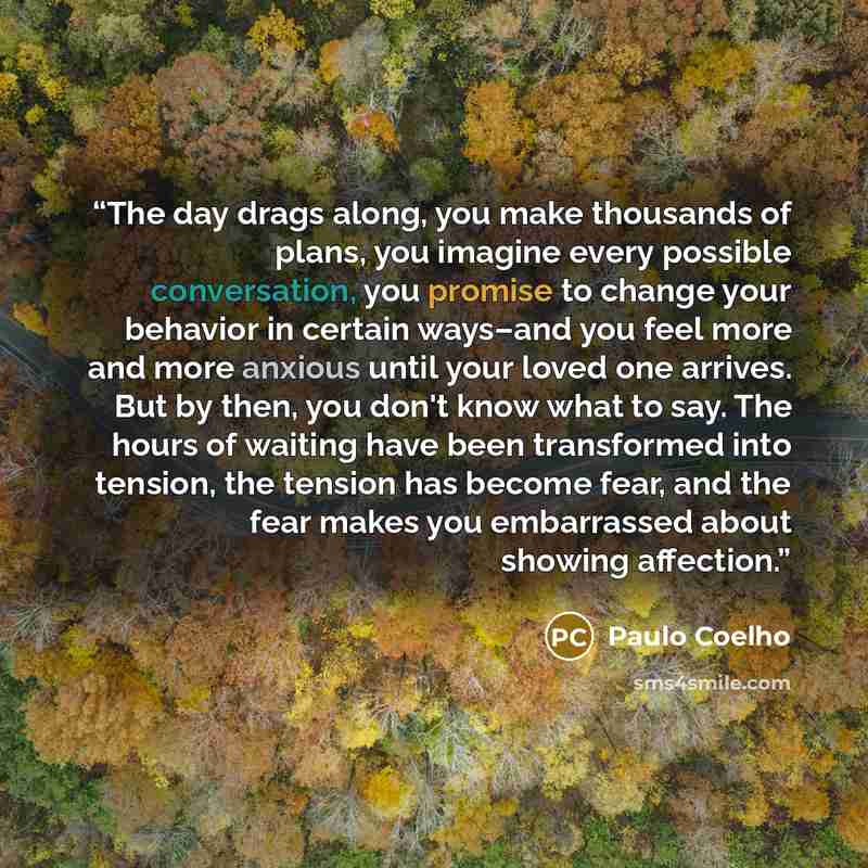 “The day drags along, you make thousands of plans, you imagine every possible conversation, you promise to change your behavior in certain ways–and you feel more and more anxious until your loved one arrives. But by then, you don't know what to say. The hours of waiting have been transformed into…” quote by Paulo Coelho