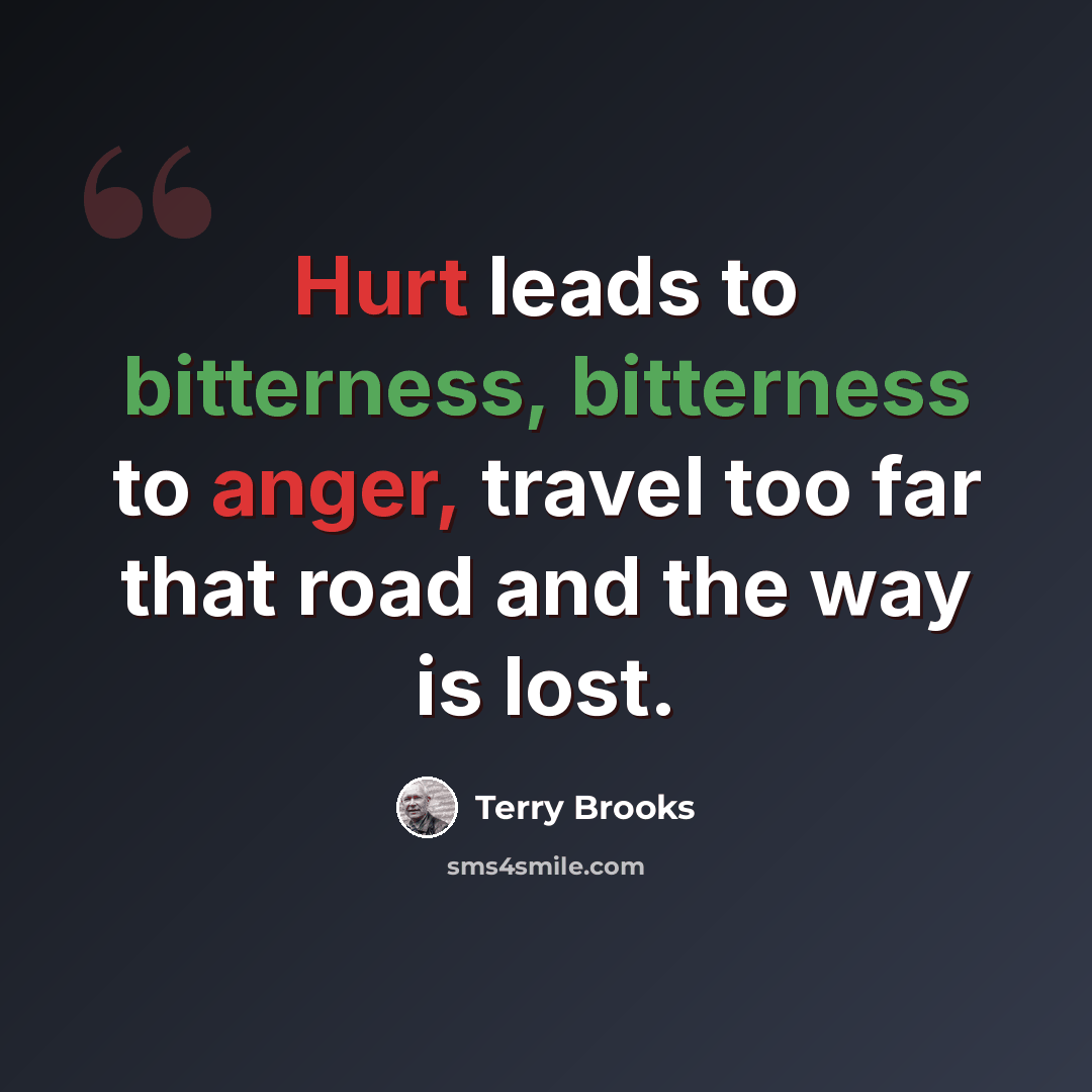 “Hurt leads to bitterness, bitterness to anger, travel too far that road and the way is lost.” quote by Terry Brooks