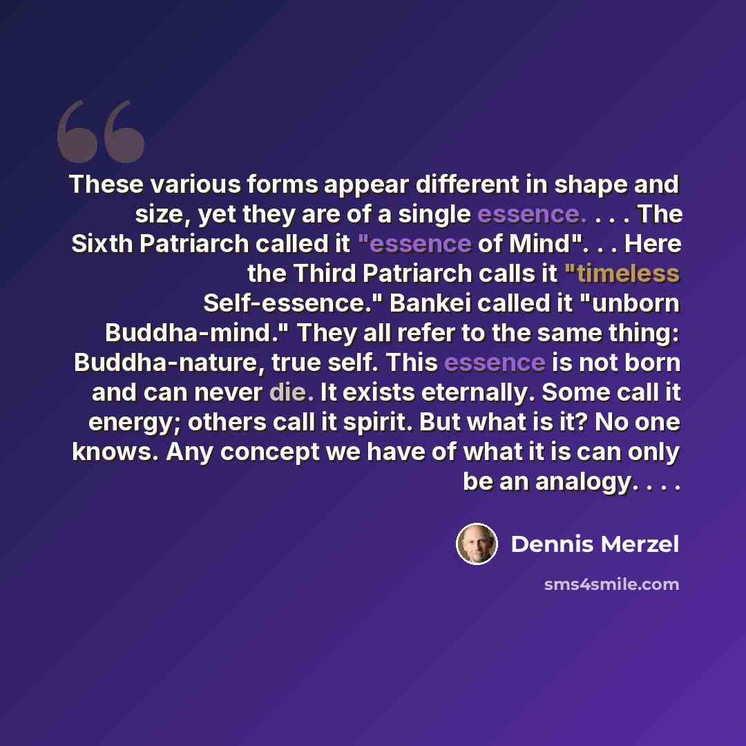 “These various forms appear different in shape and size, yet they are of a single essence. . . . The Sixth Patriarch called it "essence of Mind". . . Here the Third Patriarch calls it "timeless Self-essence." Bankei called it "unborn Buddha-mind." They all refer to the same thing: Buddha-nature…” quote by Dennis Merzel