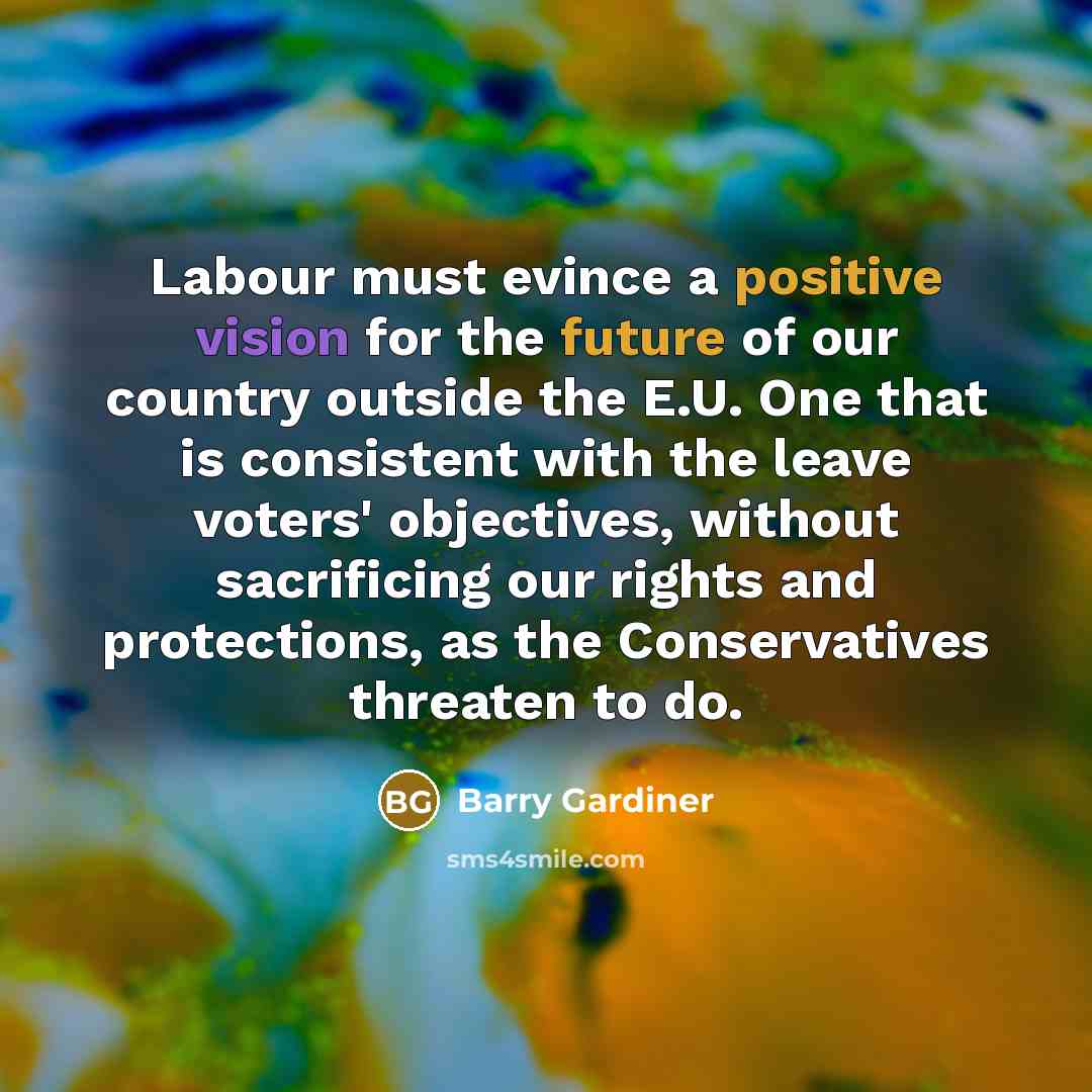 “Labour must evince a positive vision for the future of our country outside the E.U. One that is consistent with the leave voters' objectives, without sacrificing our rights and protections, as the Conservatives threaten to do.” quote by Barry Gardiner