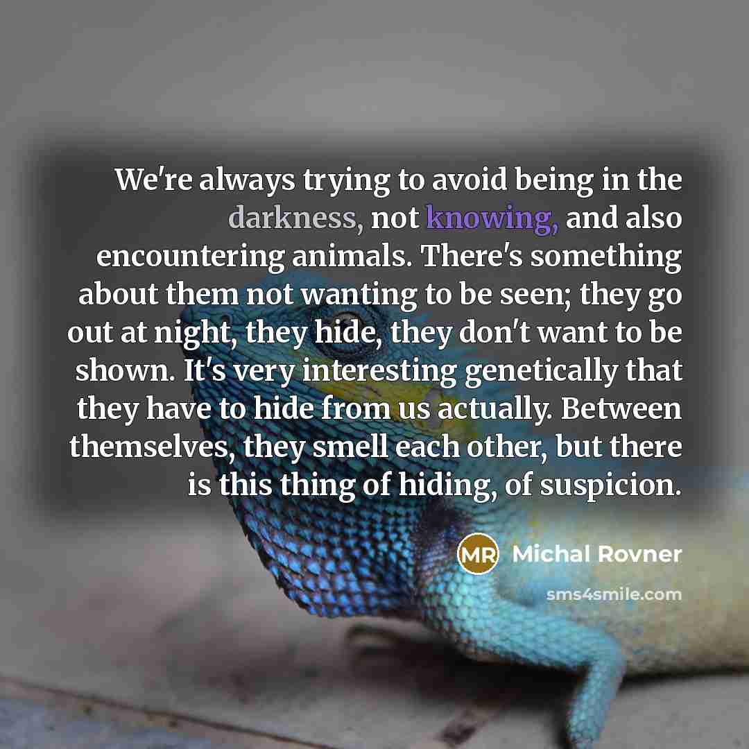 “We're always trying to avoid being in the darkness, not knowing, and also encountering animals. There's something about them not wanting to be seen; they go out at night, they hide, they don't want to be shown. It's very interesting genetically that they have to hide from us actually. Between…” quote by Michal Rovner