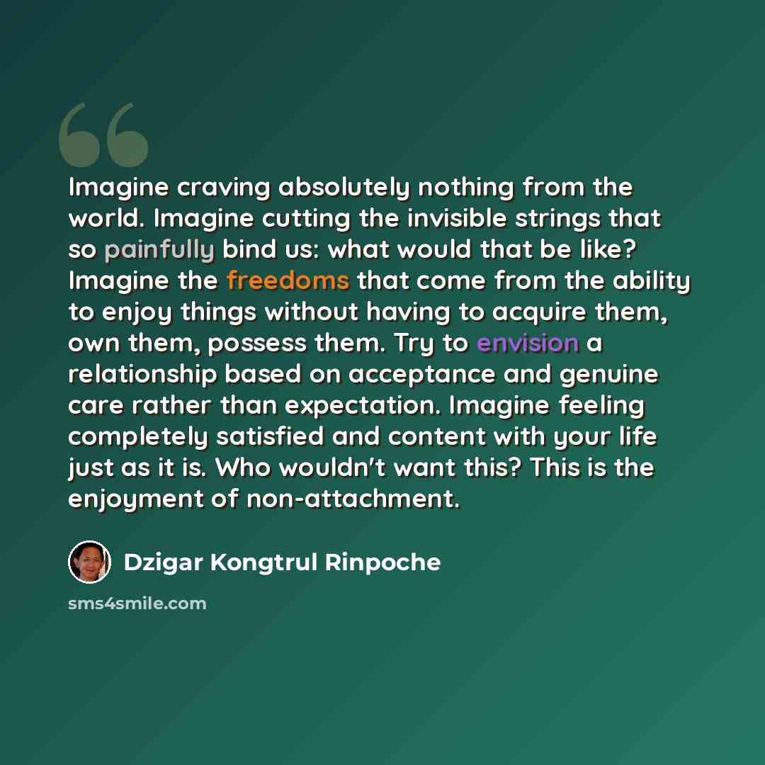 “Imagine craving absolutely nothing from the world. Imagine cutting the invisible strings that so painfully bind us: what would that be like? Imagine the freedoms that come from the ability to enjoy things without having to acquire them, own them, possess them. Try to envision a relationship based…” quote by Dzigar Kongtrul Rinpoche