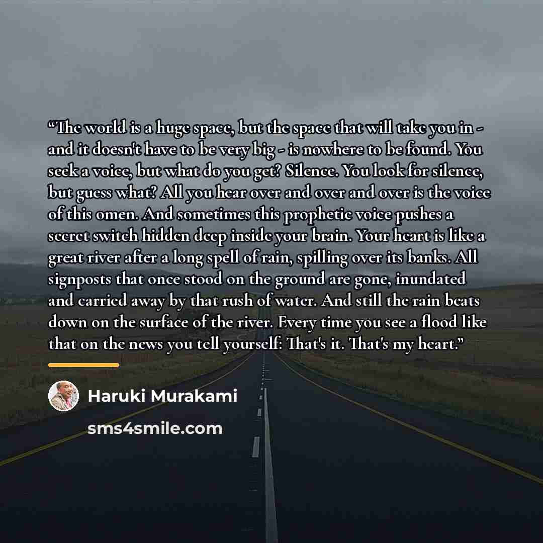 “The world is a huge space, but the space that will take you in - and it doesn't have to be very big - is nowhere to be found. You seek a voice, but what do you get? Silence. You look for silence, but guess what? All you hear over and over and over is the voice of this omen. And sometimes this…” quote by Haruki Murakami