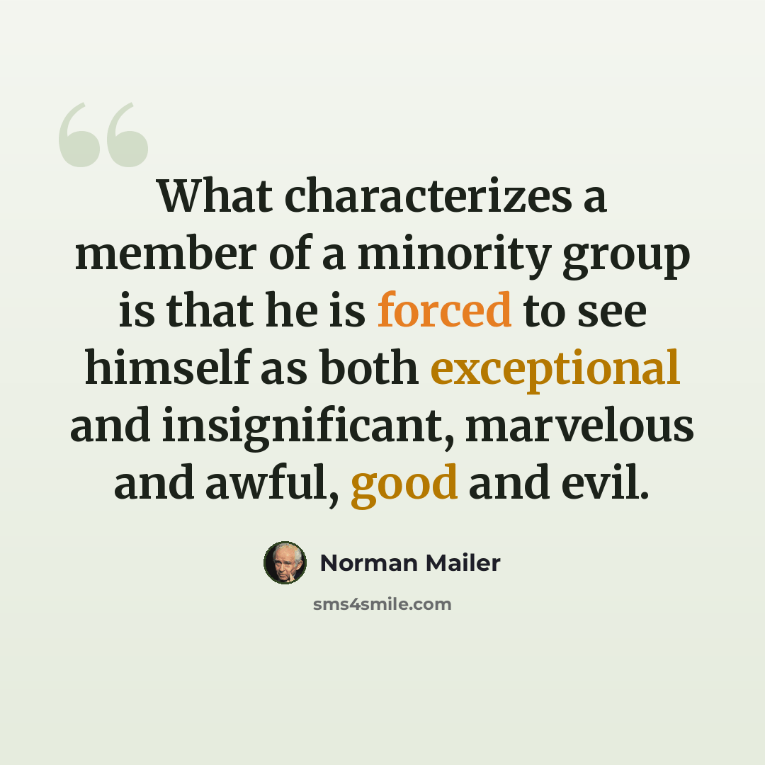 “What characterizes a member of a minority group is that he is forced to see himself as both exceptional and insignificant, marvelous and awful, good and evil.” quote by Norman Mailer