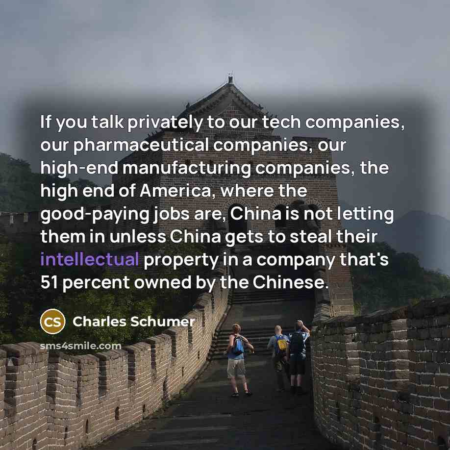 “If you talk privately to our tech companies, our pharmaceutical companies, our high-end manufacturing companies, the high end of America, where the good-paying jobs are, China is not letting them in unless China gets to steal their intellectual property in a company that's 51 percent owned by the…” quote by Charles Schumer