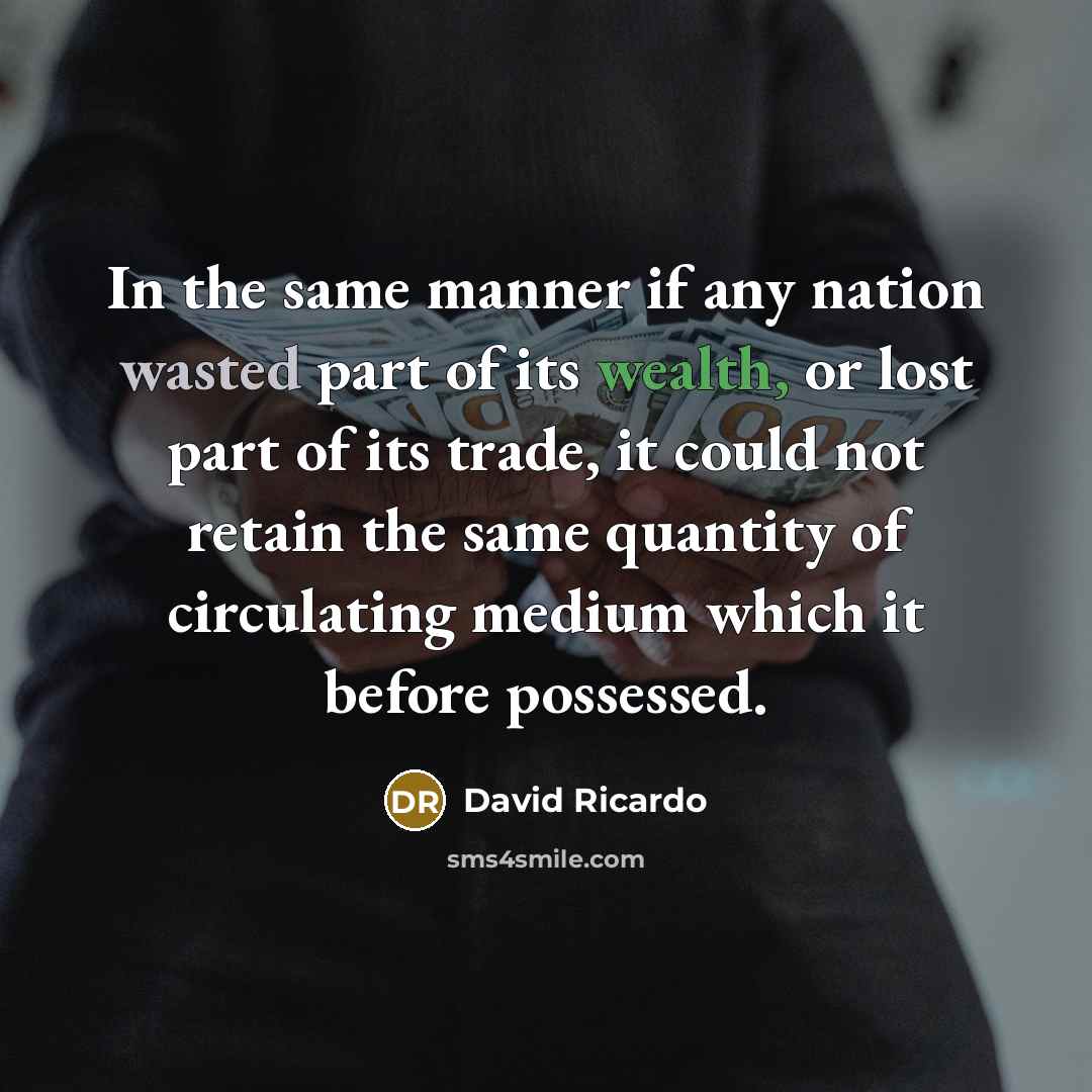 “In the same manner if any nation wasted part of its wealth, or lost part of its trade, it could not retain the same quantity of circulating medium which it before possessed.” quote by David Ricardo