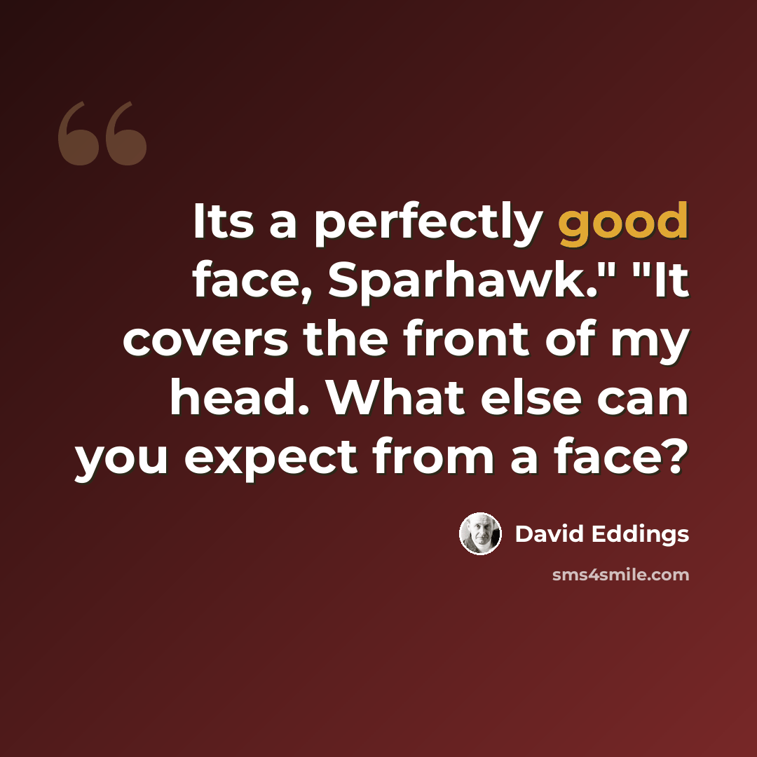 “Its a perfectly good face, Sparhawk." "It covers the front of my head. What else can you expect from a face?” quote by David Eddings