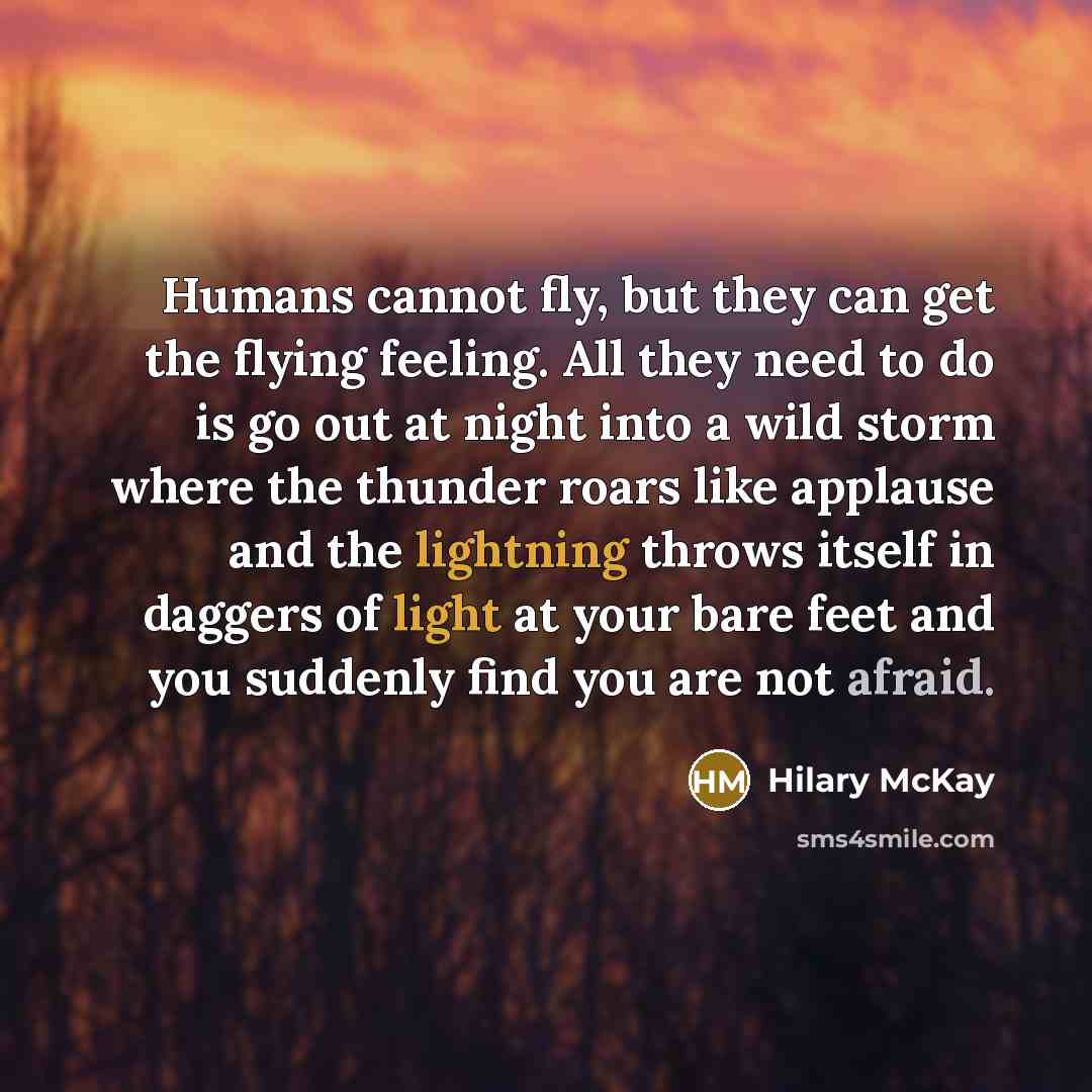 “Humans cannot fly, but they can get the flying feeling. All they need to do is go out at night into a wild storm where the thunder roars like applause and the lightning throws itself in daggers of light at your bare feet and you suddenly find you are not afraid.” quote by Hilary McKay