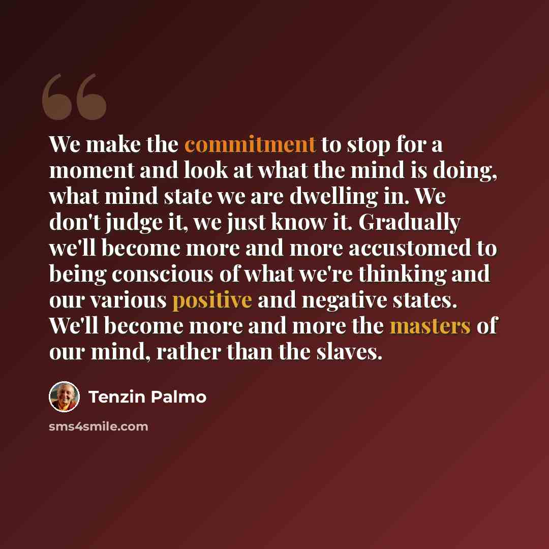 “We make the commitment to stop for a moment and look at what the mind is doing, what mind state we are dwelling in. We don't judge it, we just know it. Gradually we'll become more and more accustomed to being conscious of what we're thinking and our various positive and negative states. We'll…” quote by Tenzin Palmo