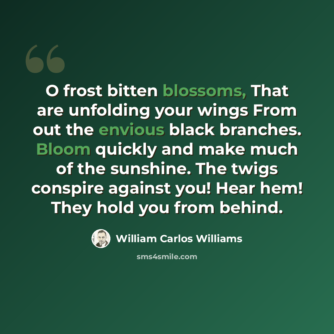 “O frost bitten blossoms, That are unfolding your wings From out the envious black branches. Bloom quickly and make much of the sunshine. The twigs conspire against you! Hear hem! They hold you from behind.” quote by William Carlos Williams