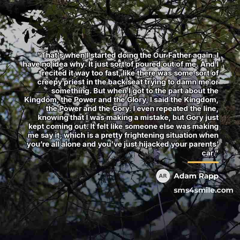 “That’s when I started doing the Our Father again. I have no idea why. It just sort of poured out of me. And I recited it way too fast, like there was some sort of creepy priest in the back seat trying to damn me or something. But when I got to the part about the Kingdom, the Power and the Glory, I…” quote by Adam Rapp