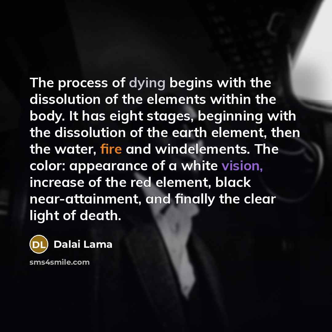 “The process of dying begins with the dissolution of the elements within the body. It has eight stages, beginning with the dissolution of the earth element, then the water, fire and windelements. The color: appearance of a white vision, increase of the red element, black near-attainment, and…” quote by Dalai Lama