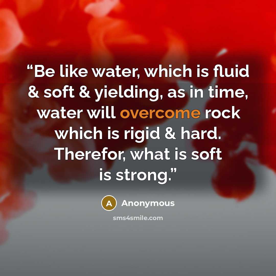 “Be like water, which is fluid & soft & yielding, as in time, water will overcome rock which is rigid & hard. Therefor, what is soft is strong.” quote by Anonymous