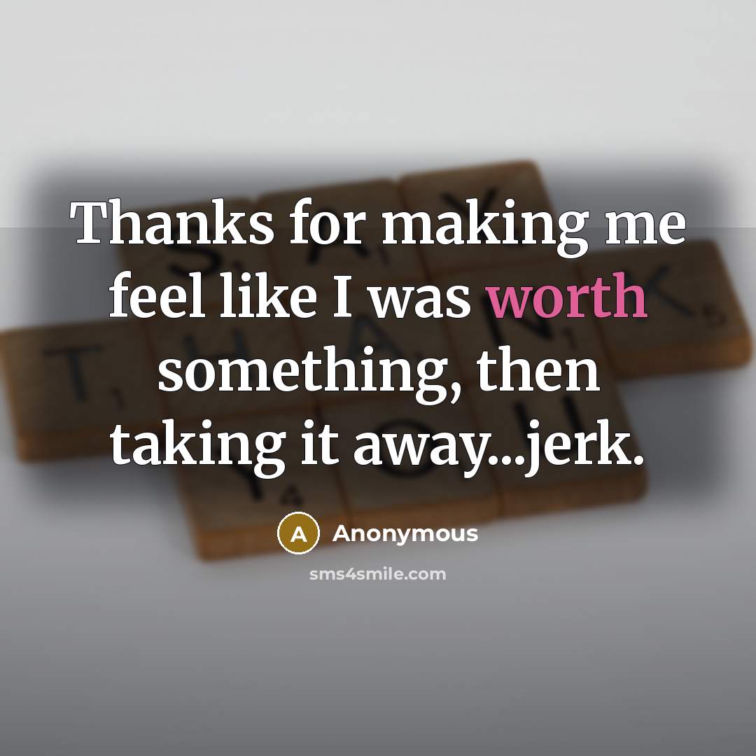 “Thanks for making me feel like I was worth something, then taking it away...jerk.” quote by Anonymous
