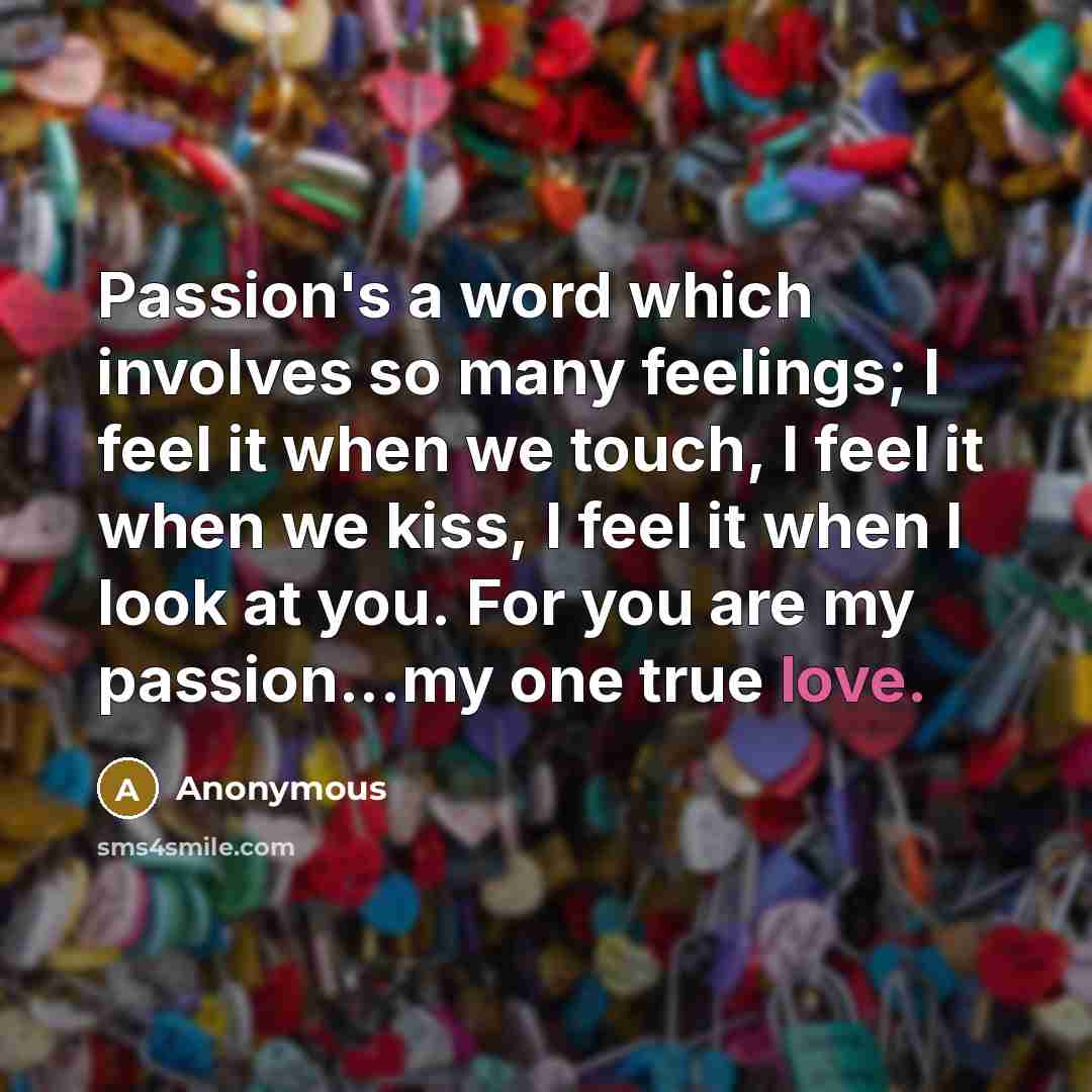 “Passion's a word which involves so many feelings; I feel it when we touch, I feel it when we kiss, I feel it when I look at you. For you are my passion...my one true love.” quote by Anonymous