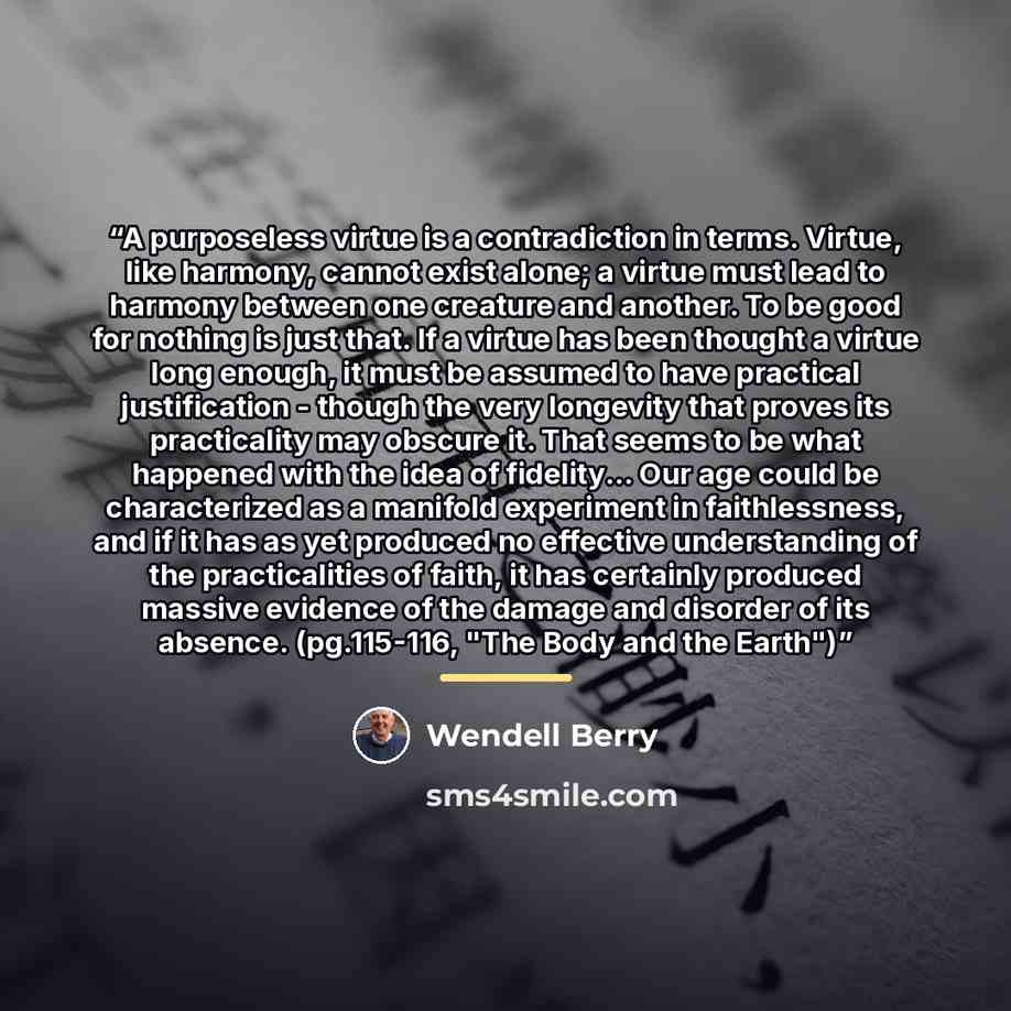 “A purposeless virtue is a contradiction in terms. Virtue, like harmony, cannot exist alone; a virtue must lead to harmony between one creature and another. To be good for nothing is just that. If a virtue has been thought a virtue long enough, it must be assumed to have practical justification…” quote by Wendell Berry