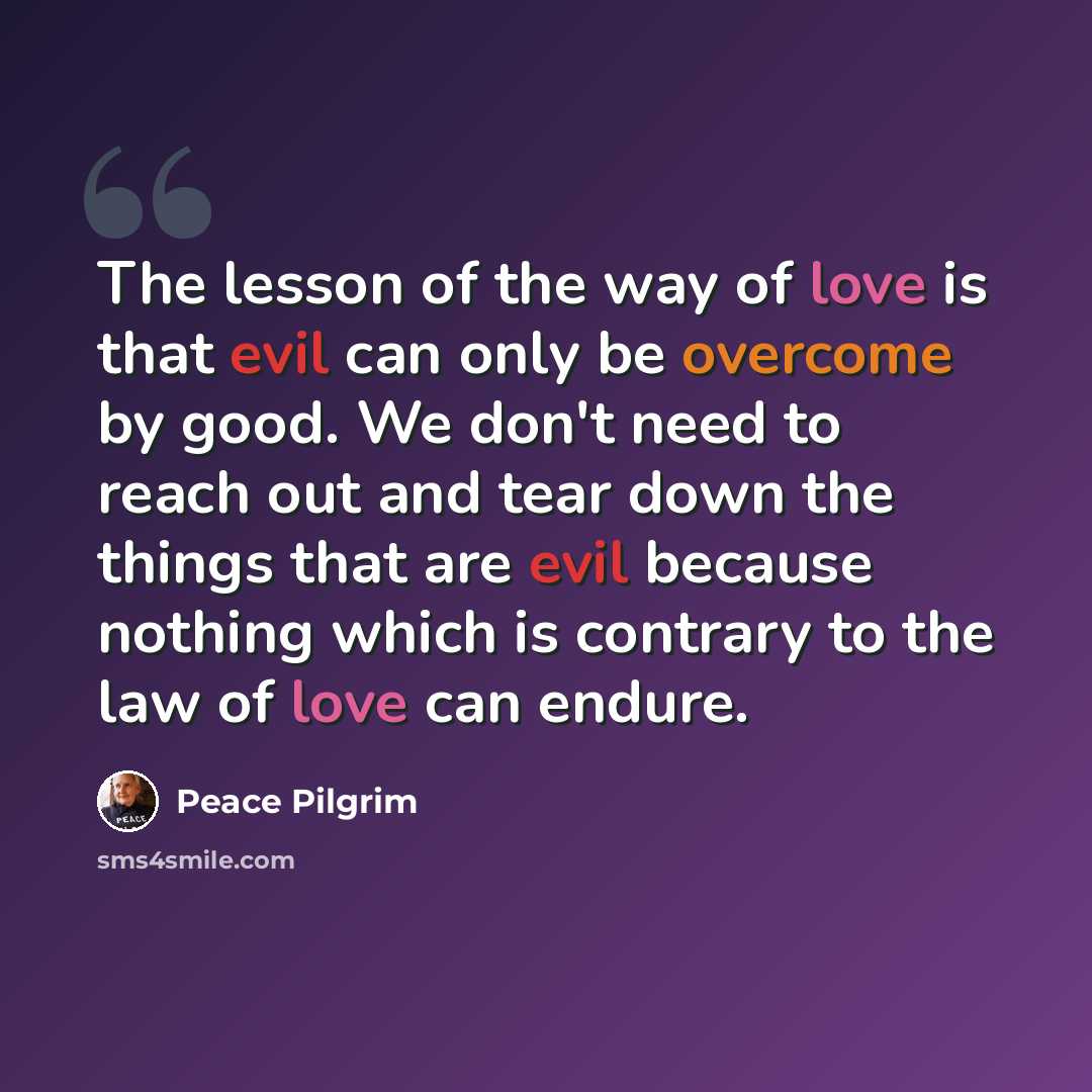 “The lesson of the way of love is that evil can only be overcome by good. We don't need to reach out and tear down the things that are evil because nothing which is contrary to the law of love can endure.” quote by Peace Pilgrim