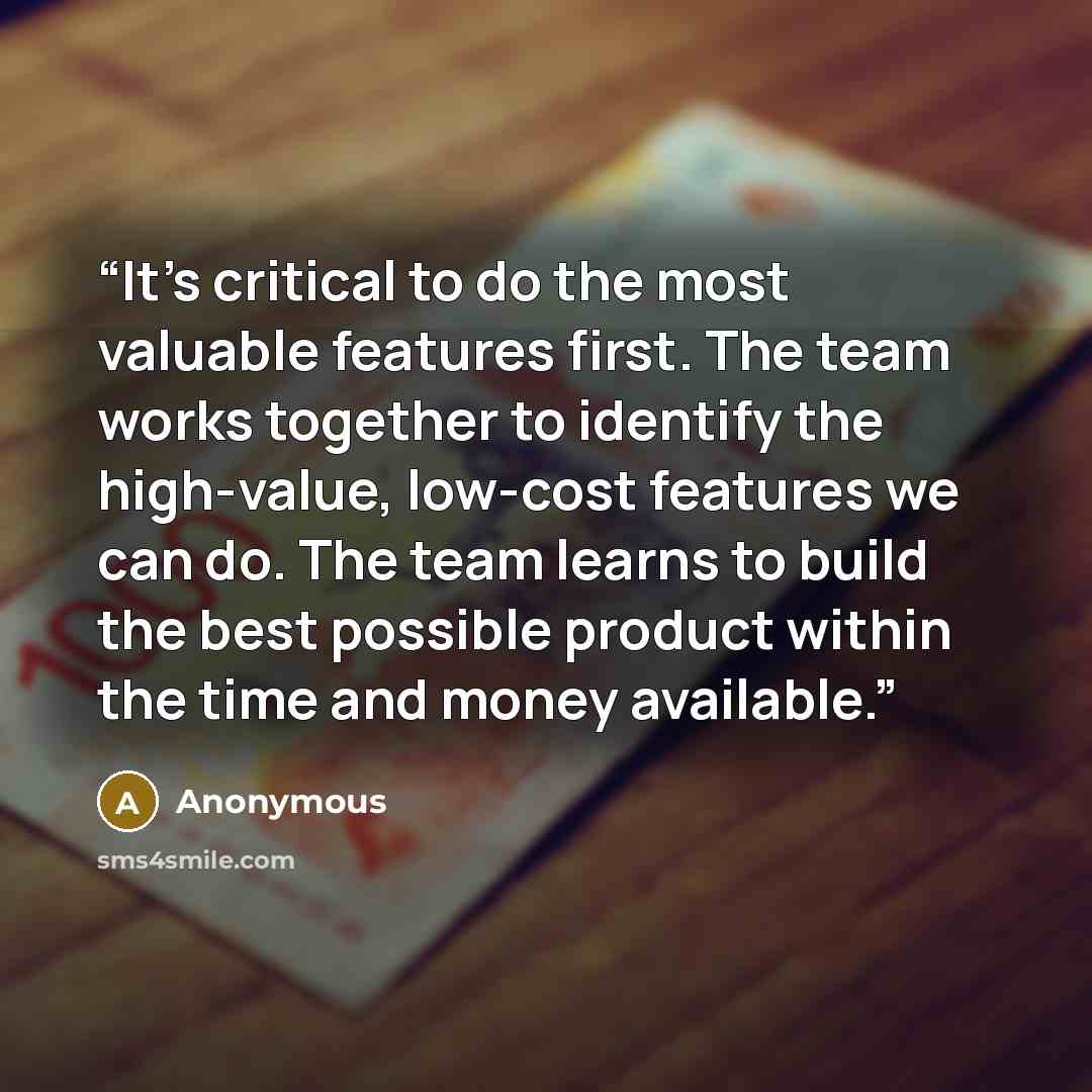 “It’s critical to do the most valuable features first. The team works together to identify the high-value, low-cost features we can do. The team learns to build the best possible product within the time and money available.” quote by Anonymous
