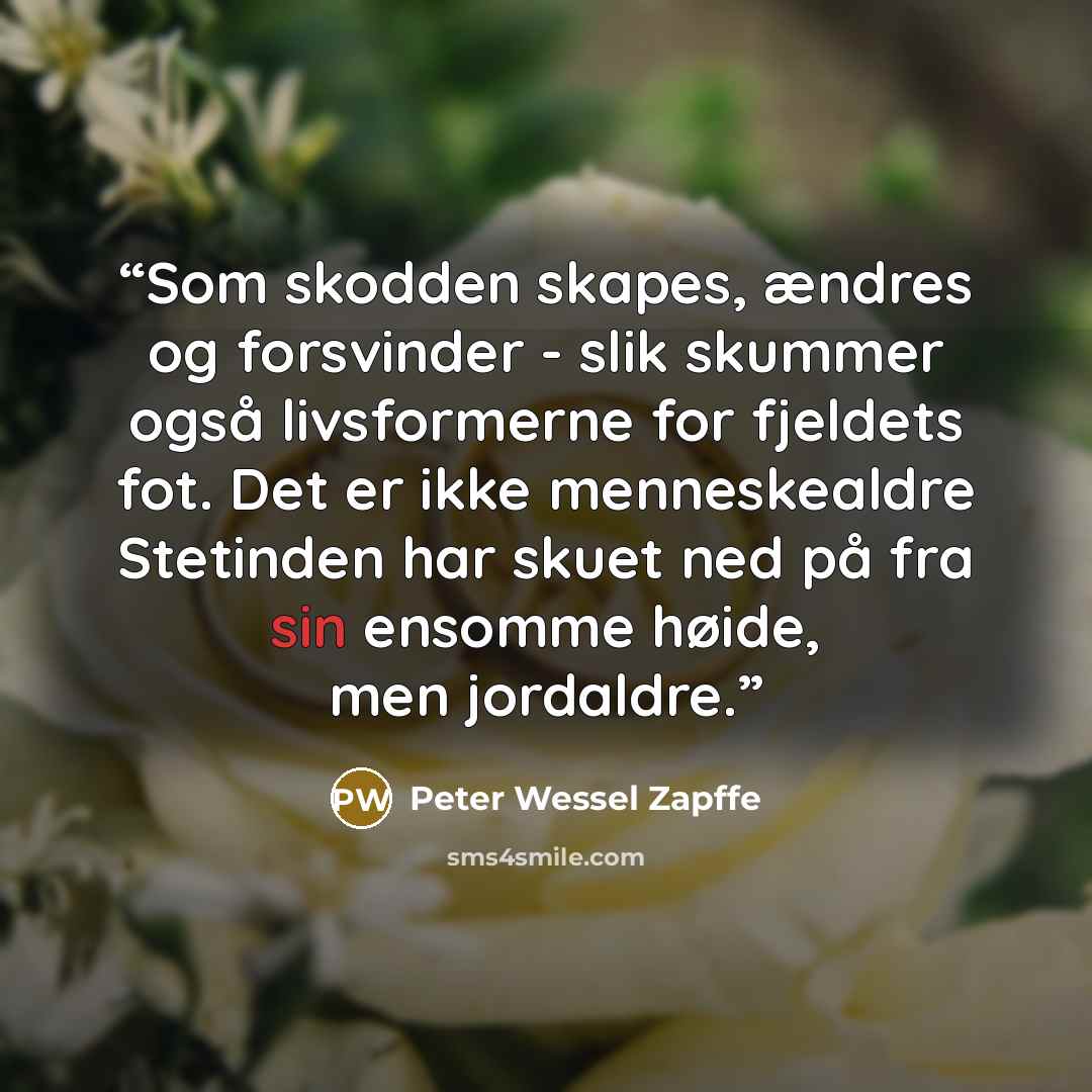 “Som skodden skapes, ændres og forsvinder - slik skummer også livsformerne for fjeldets fot. Det er ikke menneskealdre Stetinden har skuet ned på fra sin ensomme høide, men jordaldre.” quote by Peter Wessel Zapffe
