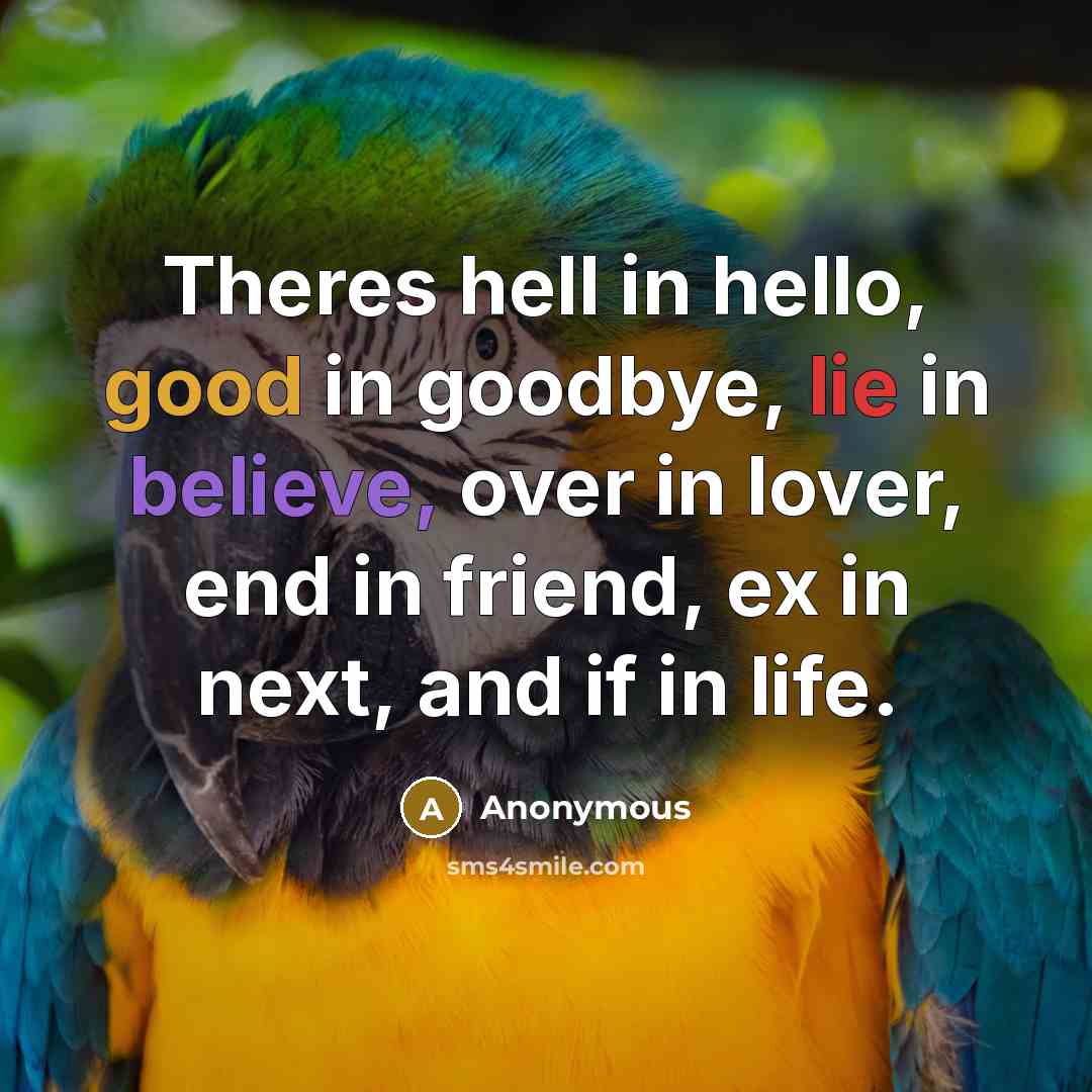 “Theres hell in hello, good in goodbye, lie in believe, over in lover, end in friend, ex in next, and if in life.” quote by Anonymous