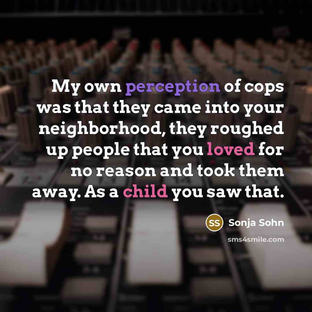 “My own perception of cops was that they came into your neighborhood, they roughed up people that you loved for no reason and took them away. As a child you saw that.” quote by Sonja Sohn