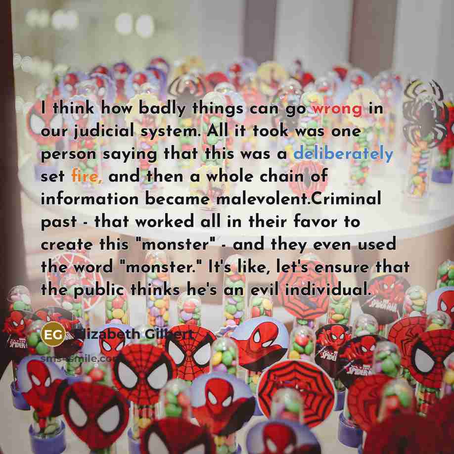 “I think how badly things can go wrong in our judicial system. All it took was one person saying that this was a deliberately set fire, and then a whole chain of information became malevolent.Criminal past - that worked all in their favor to create this "monster" - and they even used the word…” quote by Elizabeth Gilbert