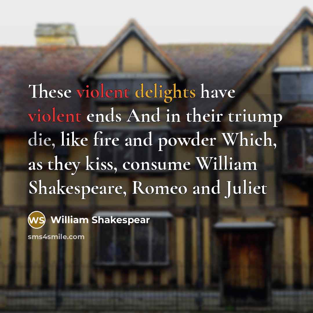 “These violent delights have violent ends And in their triump die, like fire and powder Which, as they kiss, consume William Shakespeare, Romeo and Juliet” quote by William Shakespear