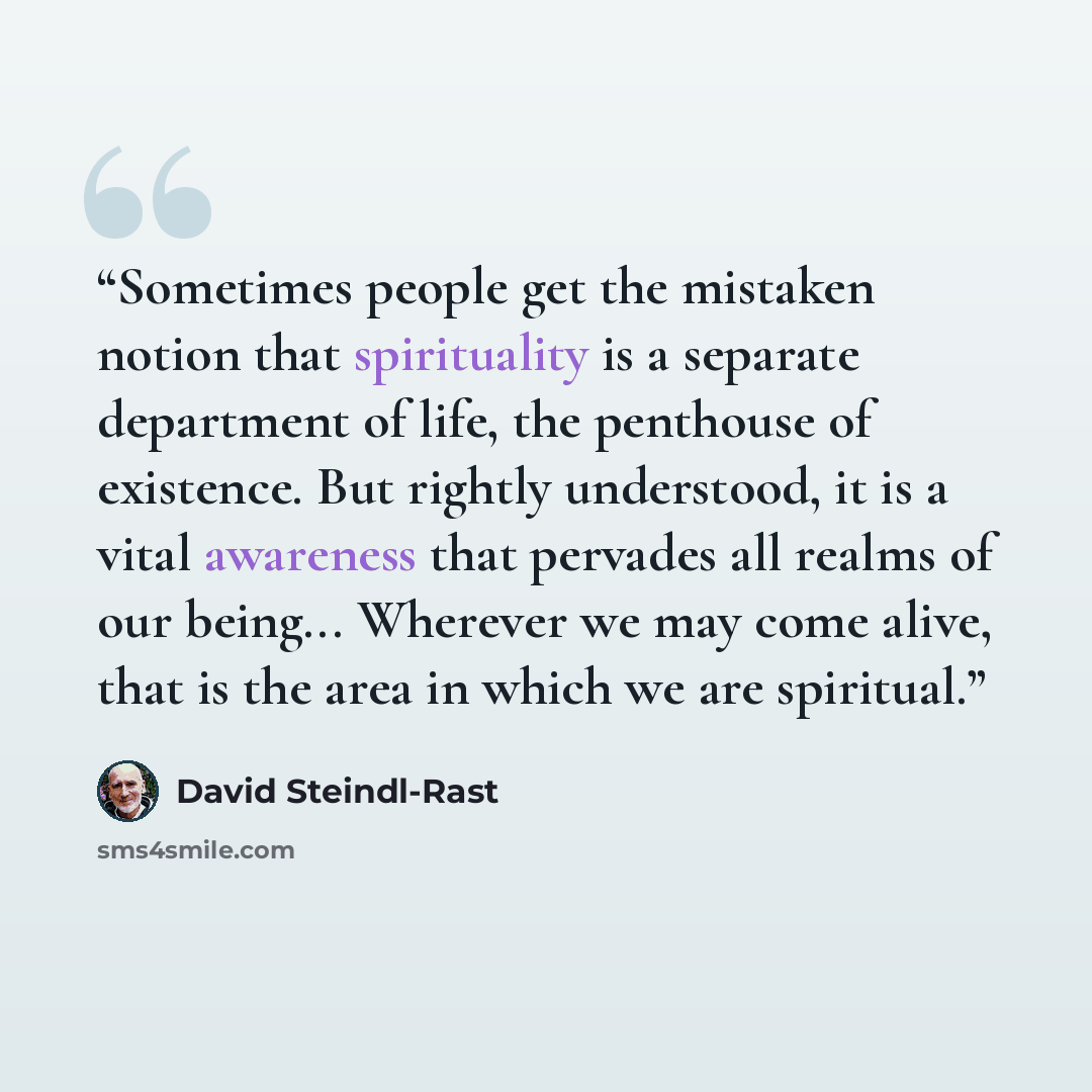 “Sometimes people get the mistaken notion that spirituality is a separate department of life, the penthouse of existence. But rightly understood, it is a vital awareness that pervades all realms of our being... Wherever we may come alive, that is the area in which we are spiritual.” quote by David Steindl-Rast