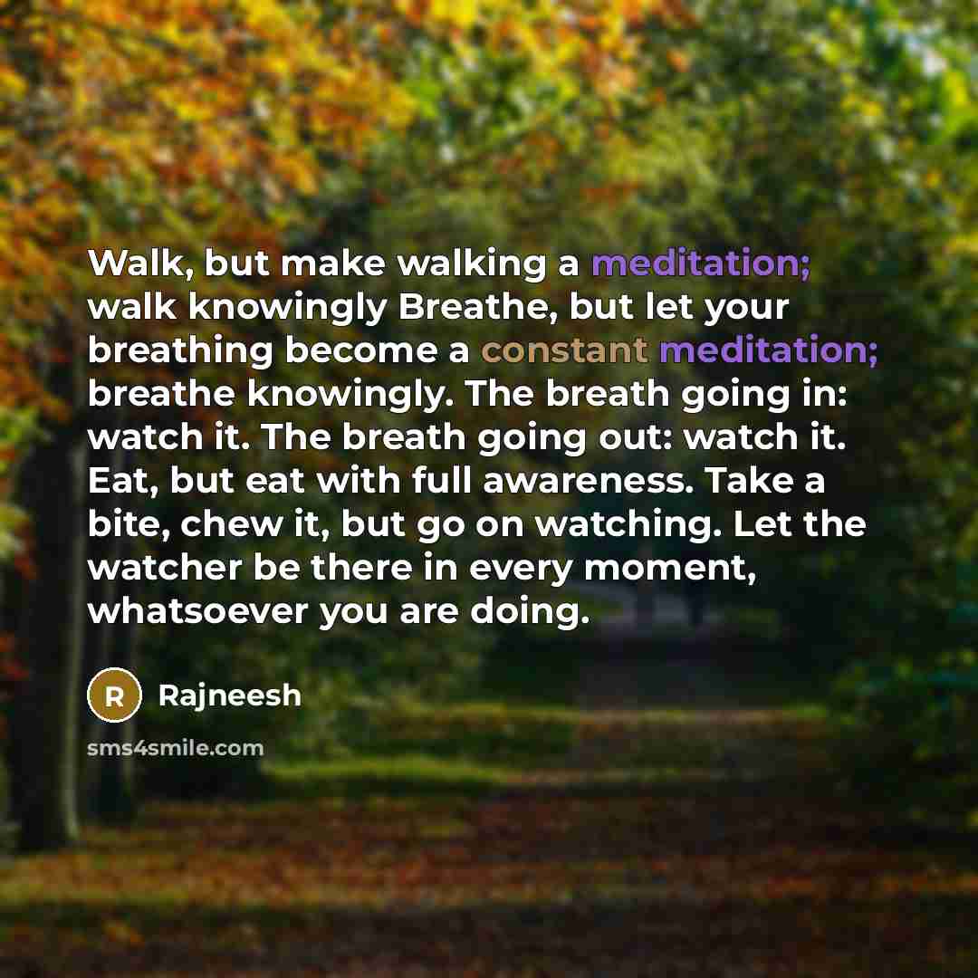 “Walk, but make walking a meditation; walk knowingly Breathe, but let your breathing become a constant meditation; breathe knowingly. The breath going in: watch it. The breath going out: watch it. Eat, but eat with full awareness. Take a bite, chew it, but go on watching. Let the watcher be there…” quote by Rajneesh
