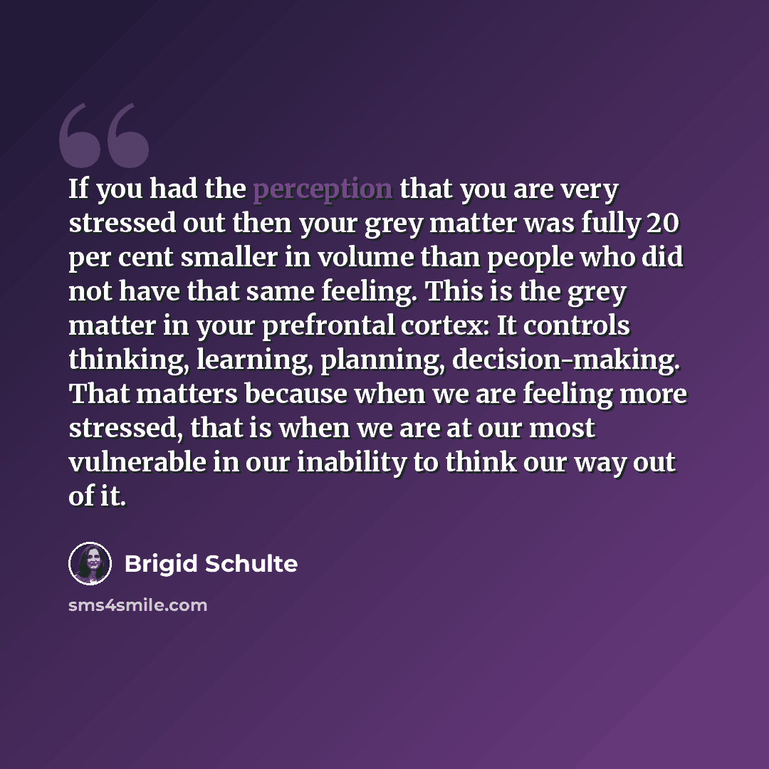 “If you had the perception that you are very stressed out then your grey matter was fully 20 per cent smaller in volume than people who did not have that same feeling. This is the grey matter in your prefrontal cortex: It controls thinking, learning, planning, decision-making. That matters because…” quote by Brigid Schulte