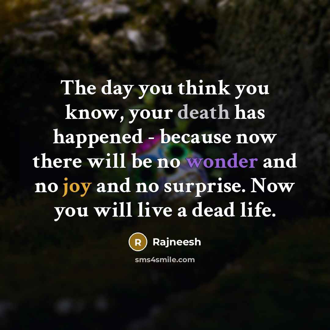 “The day you think you know, your death has happened - because now there will be no wonder and no joy and no surprise. Now you will live a dead life.” quote by Rajneesh