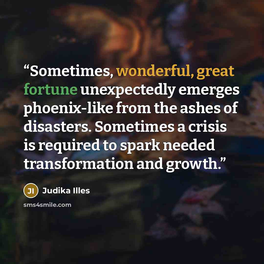 “Sometimes, wonderful, great fortune unexpectedly emerges phoenix-like from the ashes of disasters. Sometimes a crisis is required to spark needed transformation and growth.” quote by Judika Illes