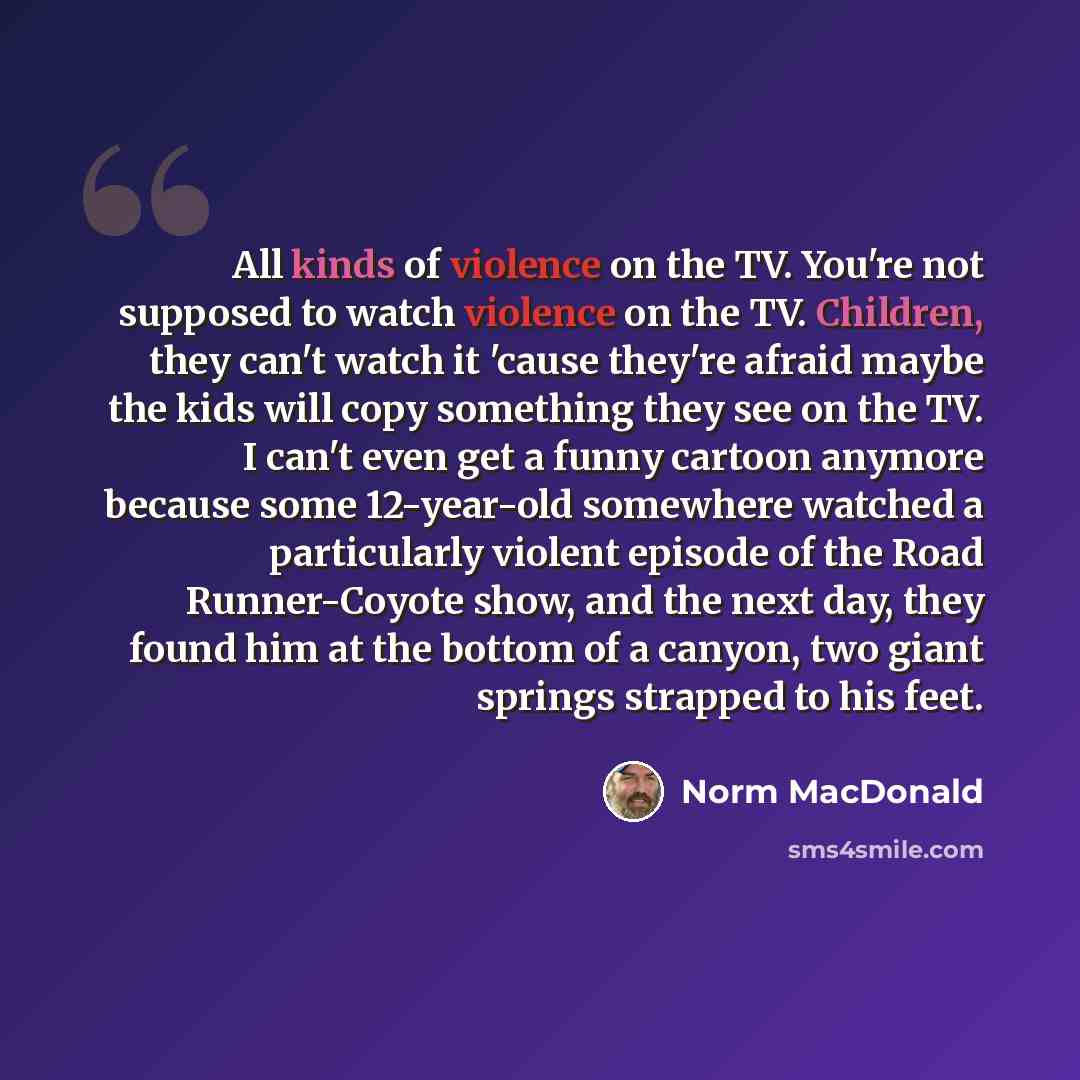 “All kinds of violence on the TV. You're not supposed to watch violence on the TV. Children, they can't watch it 'cause they're afraid maybe the kids will copy something they see on the TV. I can't even get a funny cartoon anymore because some 12-year-old somewhere watched a particularly violent…” quote by Norm MacDonald