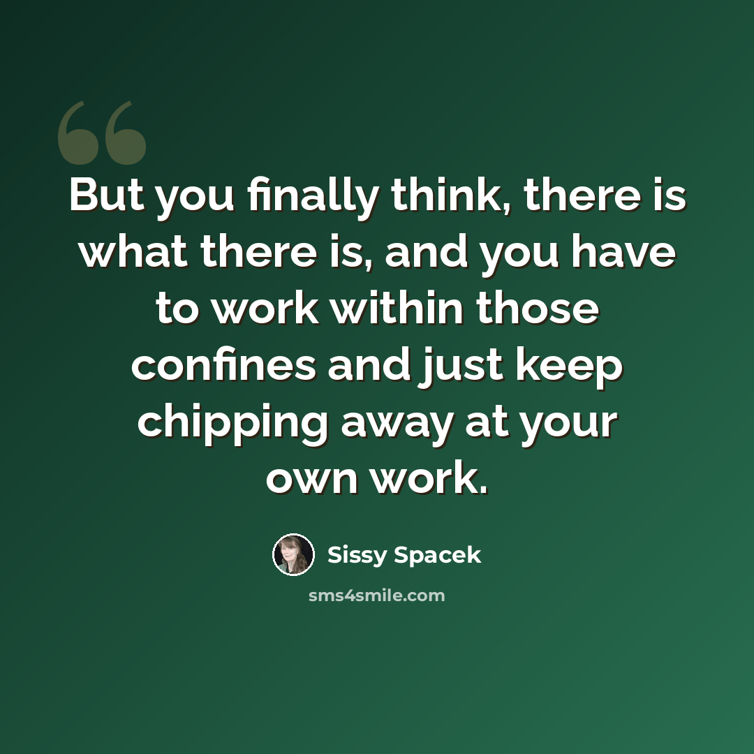 “But you finally think, there is what there is, and you have to work within those confines and just keep chipping away at your own work.” quote by Sissy Spacek