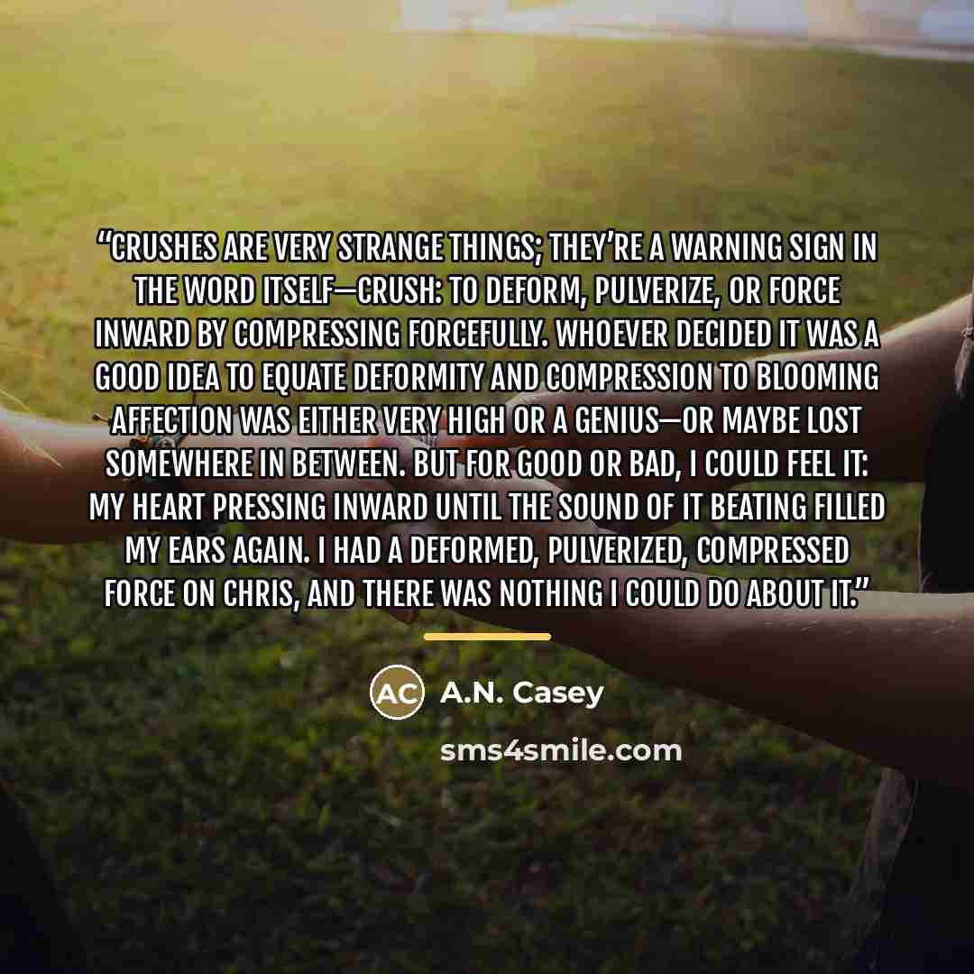 “Crushes are very strange things; they’re a warning sign in the word itself—crush: to deform, pulverize, or force inward by compressing forcefully. Whoever decided it was a good idea to equate deformity and compression to blooming affection was either very high or a genius—or maybe lost somewhere…” quote by A.N. Casey