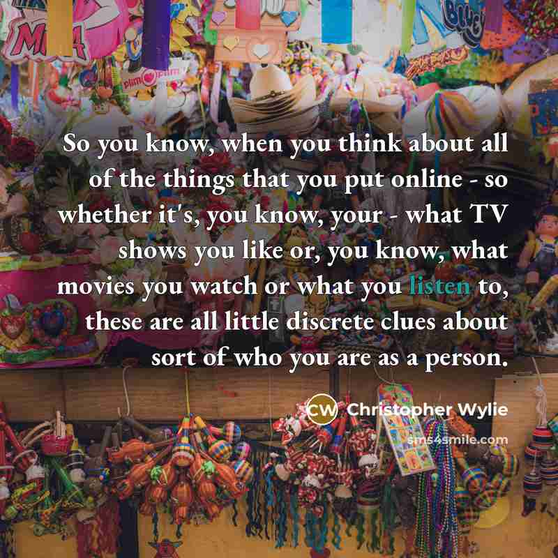 “So you know, when you think about all of the things that you put online - so whether it's, you know, your - what TV shows you like or, you know, what movies you watch or what you listen to, these are all little discrete clues about sort of who you are as a person.” quote by Christopher Wylie