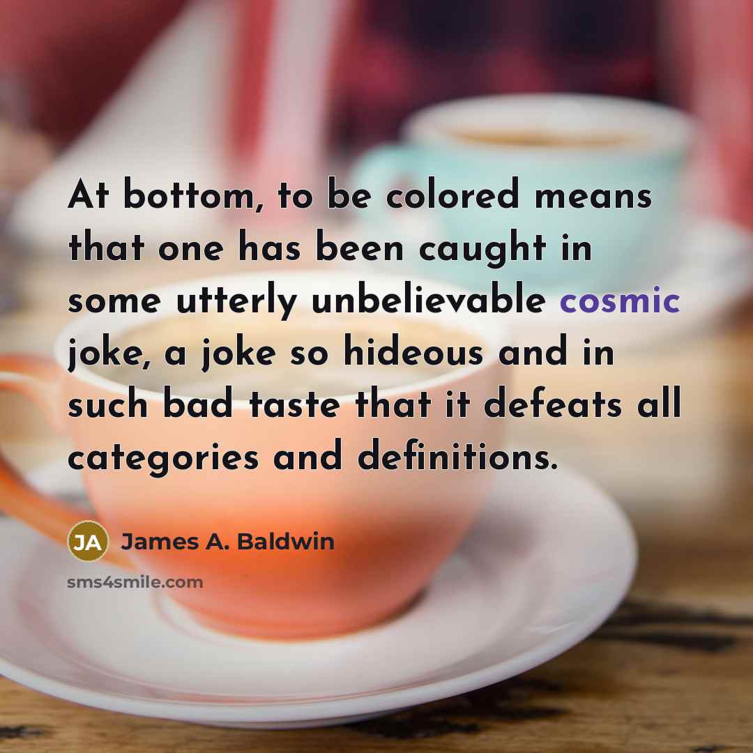 “At bottom, to be colored means that one has been caught in some utterly unbelievable cosmic joke, a joke so hideous and in such bad taste that it defeats all categories and definitions.” quote by James A. Baldwin