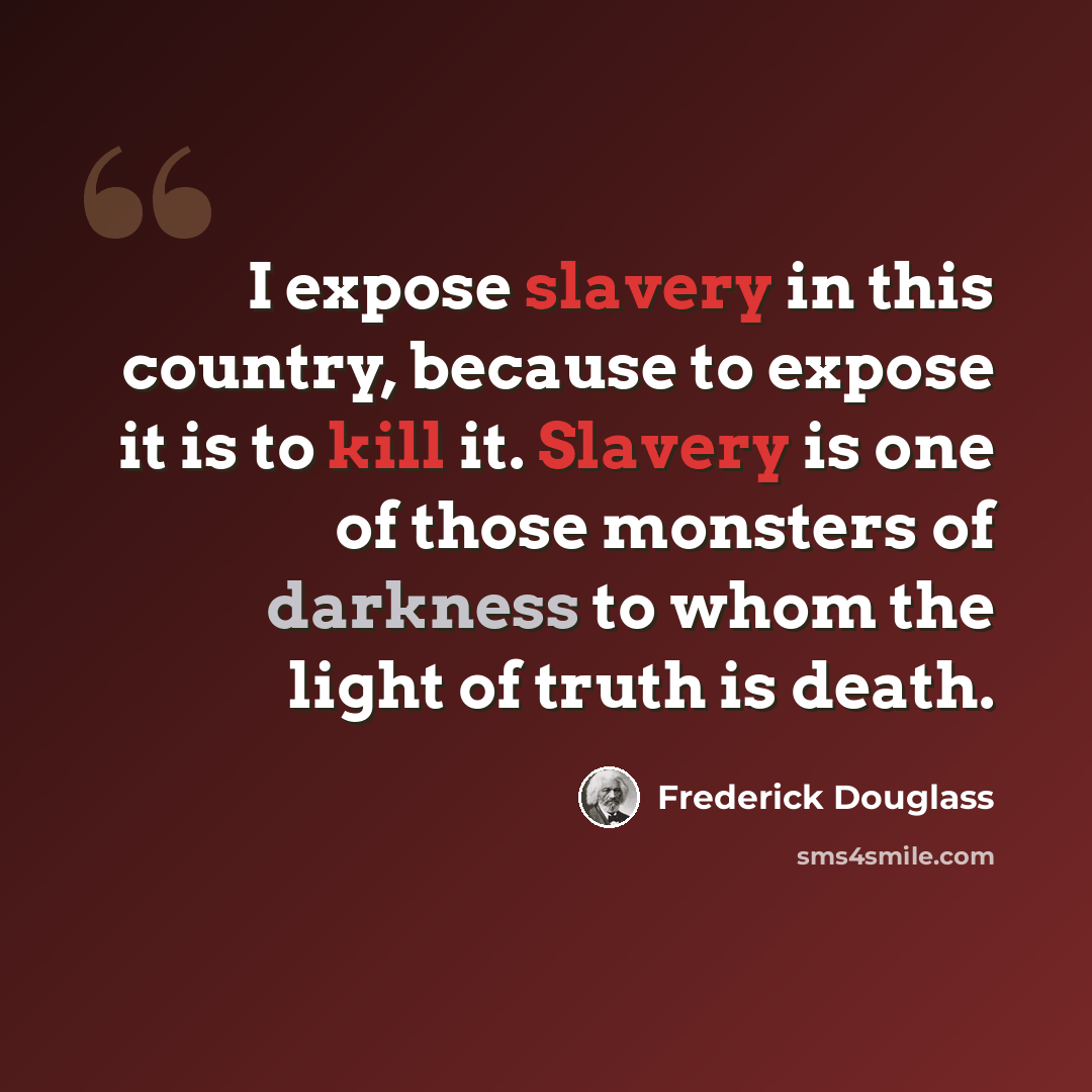 “I expose slavery in this country, because to expose it is to kill it. Slavery is one of those monsters of darkness to whom the light of truth is death.” quote by Frederick Douglass