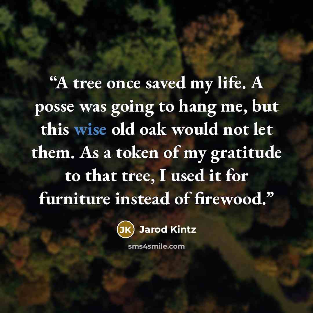 “A tree once saved my life. A posse was going to hang me, but this wise old oak would not let them. As a token of my gratitude to that tree, I used it for furniture instead of firewood.” quote by Jarod Kintz