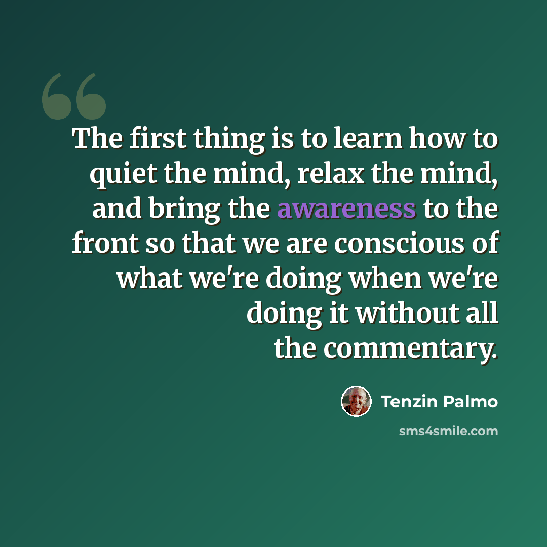 “The first thing is to learn how to quiet the mind, relax the mind, and bring the awareness to the front so that we are conscious of what we're doing when we're doing it without all the commentary.” quote by Tenzin Palmo