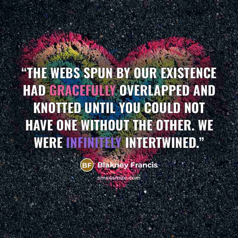 “The webs spun by our existence had gracefully overlapped and knotted until you could not have one without the other. We were infinitely intertwined.” quote by Blakney Francis