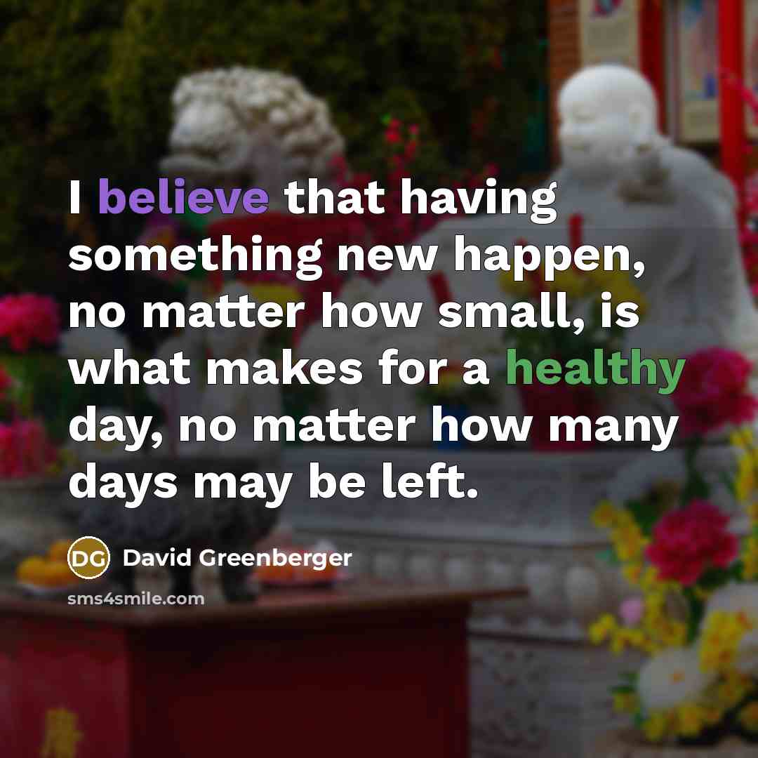 “I believe that having something new happen, no matter how small, is what makes for a healthy day, no matter how many days may be left.” quote by David Greenberger