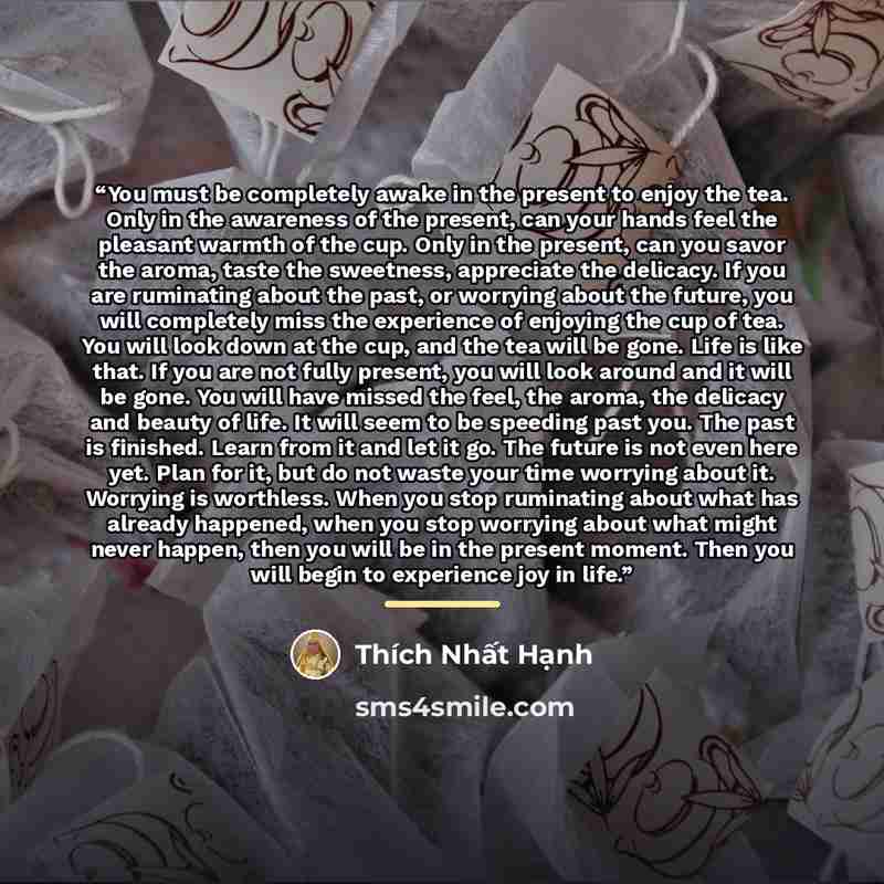 “You must be completely awake in the present to enjoy the tea. Only in the awareness of the present, can your hands feel the pleasant warmth of the cup. Only in the present, can you savor the aroma, taste the sweetness, appreciate the delicacy. If you are ruminating about the past, or worrying…” quote by Thich Nhat Hanh