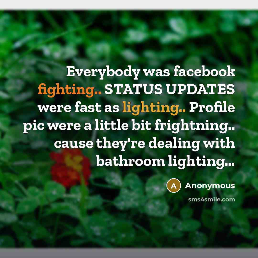 “Everybody was facebook fighting.. STATUS UPDATES were fast as lighting.. Profile pic were a little bit frightning.. cause they're dealing with bathroom lighting…” quote by Anonymous