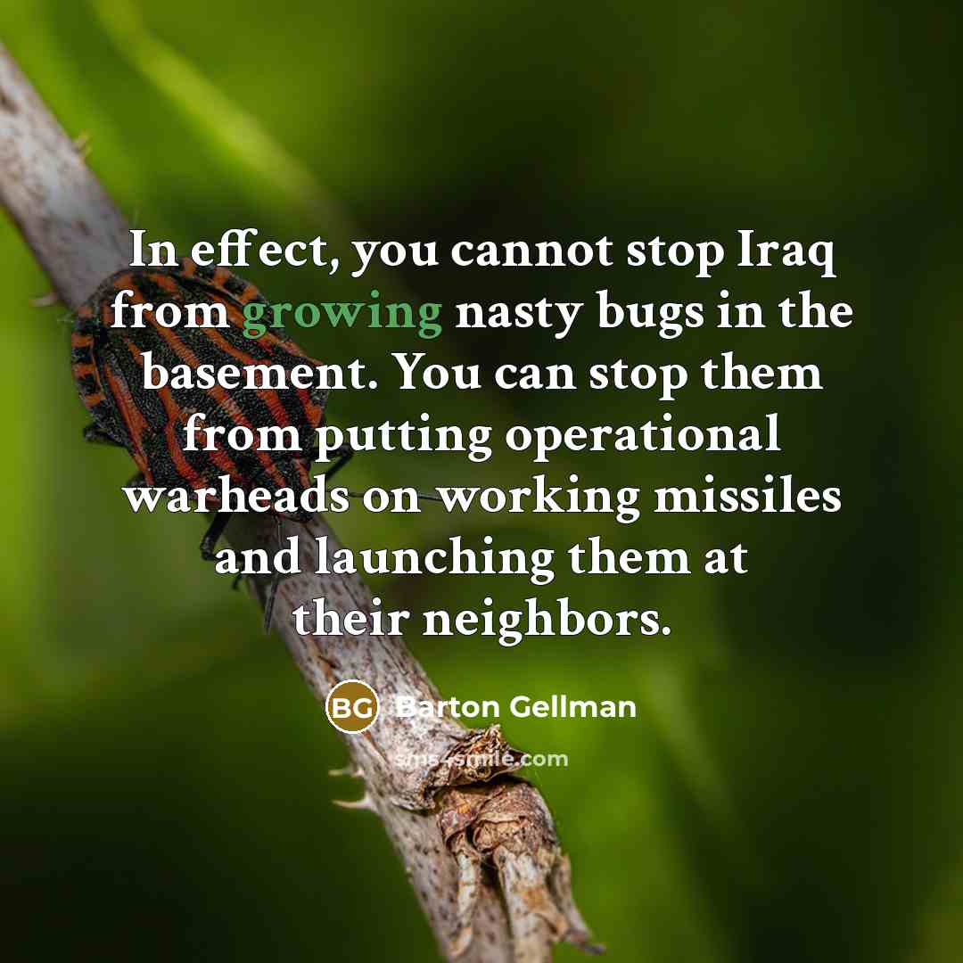 “In effect, you cannot stop Iraq from growing nasty bugs in the basement. You can stop them from putting operational warheads on working missiles and launching them at their neighbors.” quote by Barton Gellman